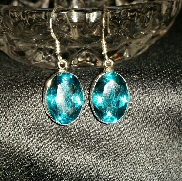 925 Silver French Hook Blue Topaz Earrings - Picture 2 of 8